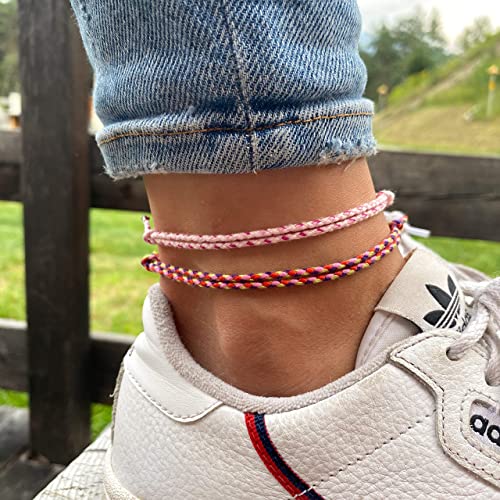 Made by Nami 2 Pcs Wave String Ankle Bracelets for Women Waterproof & Adjustable Thin Braided Anklet Surfer Boho Ankle Bracelet Set of 2 Beach Accessories - color: Light Red Set