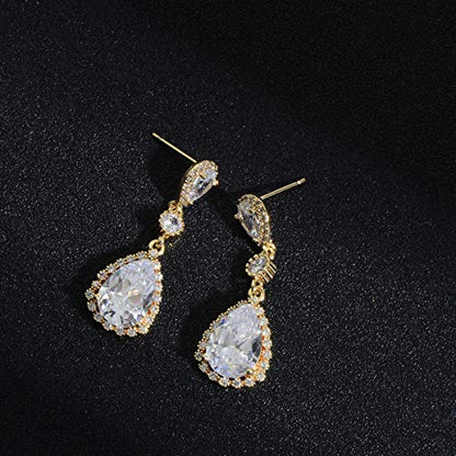 Teardrop Dangle Earrings for Wedding - Sparkly Sterling Silver Cubic Zirconia Crystal Rhinestone Drop Earrings Pierced Austrian Style Hypoallergenic Earrings Womens Bridal Jewelry - style: PJ 3 long teardrop wedding earrings gold