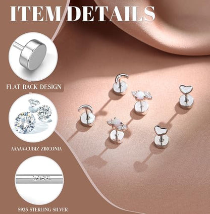 14K Gold Plated 925 Sterling Silver Flat Back Earrings Set | Hypoallergenic Cartilage Helix Conch Tragus Piercing Jewelry 3 Pairs Small Screw Dainty CZ Opal Earring Set Men Women - color: Silver, Style D