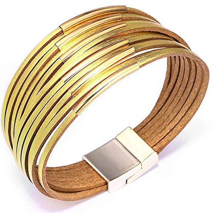 Multi-layer Leather Bracelets Multi-strand Wrap Bracelets Handmade Braided Rope Cuff Bangle with Magnetic Buckle Jewelry - color: Gold