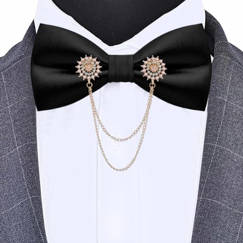 QCWQYML Black Bow Ties for Men Pre-Tied Mens Bow Tie Classic Crystal Brooch Chain Bowtie Adjustable Bowties Tuxedo Party - color: (Gold)-black