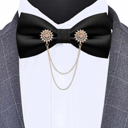 QCWQYML Black Bow Ties for Men Pre-Tied Mens Bow Tie Classic Crystal Brooch Chain Bowtie Adjustable Bowties Tuxedo Party - color: (Gold)-black