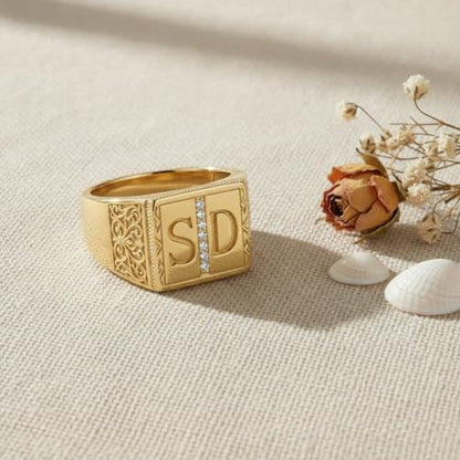 LONAGO Custom Double Initial Signet Ring, Personalized Letter Gold Ring 10K 14K 18K, Lab-Grown Diamond Statement Jewelry, Customizable Engraved Band for Women Birthday Anniversary