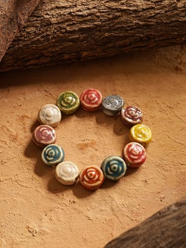 Boho Hippie Colorful Ceramic Beads Strand Stretch Bracelet, Bohemian Summer Beach Jewelry Gift for Women - color: S05