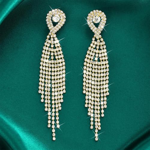 Rhinestone Earrings Prom Earrings for Women Sparkly Long Tassel Chandelier Drop Statement Earring Jewerly Gifts Wedding Party Prom Dresses Accessories - color: A2: gold prom earrings