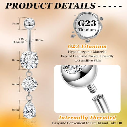 14G G23 Titanium Dangle Belly Button Ring for Women Dangling Navel Rings Hypoallergenic Teardrop Shiny CZ Belly Ring Internally Threaded Navel Piercing Jewelry - color: Silver