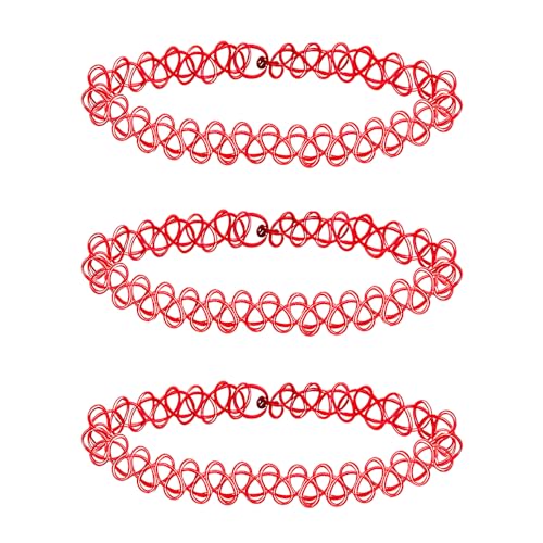 3PCS Black Tattoo Choker Necklace Rainbow Tattoo Chokers Gothic 90s Choker Necklace Purple Tattoo Choker and Pink Chokers 2000s Y2K Multicolour Collar Adjustable Stretchy Elastic Necklace Jewelry Gift for Women - color: 3PCS Red