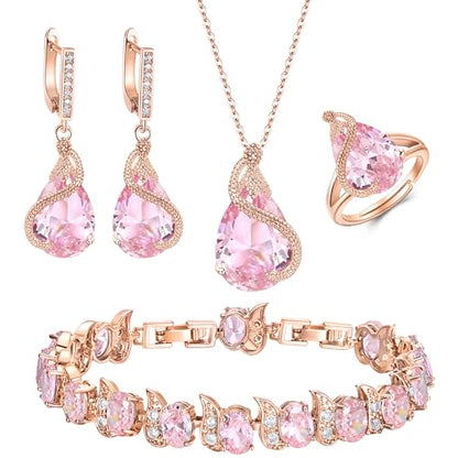 EVER FAITH Wedding Jewelry Set for Bride Bridesmaid, Glamour Teardrop Cubic Zirconia Pendant Necklace Earrings Tennis Bracelet Open Ring Sets for Birthday/Valentine's Day/Mother's Day/Christmas - color: A_Pink Rose Gold-Plated-Brass