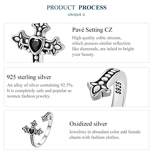 925 Sterling Silver Adjustable Open Ring for Women Trendy Jewelry Gift - color: Silver Cross