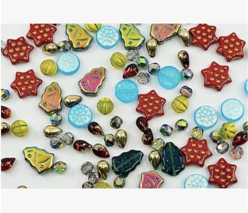 2.1oz (60g) of Christmas Czech Glass Bead Mix 2024 with Trees, Melons, Snowflakes and Faceted Beads, Dark Green Yellow Xmas - color: Christmas Mix 2024