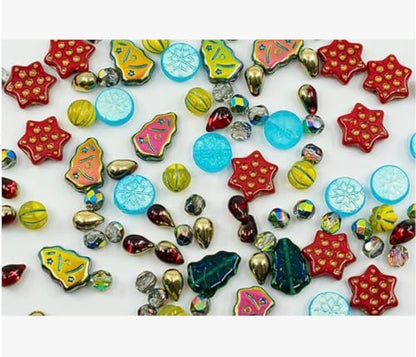 2.1oz (60g) of Christmas Czech Glass Bead Mix 2024 with Trees, Melons, Snowflakes and Faceted Beads, Dark Green Yellow Xmas - color: Christmas Mix 2024