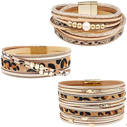 Wowanoo 3Pack Leather Cuff Bracelet Set Multilayer Wrap Bracelet Crystal Feather Tree Bracelet Magnetic Clasp Bracelet for Women - color: LeopardSnake