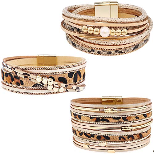 Wowanoo 3Pack Leather Cuff Bracelet Set Multilayer Wrap Bracelet Crystal Feather Tree Bracelet Magnetic Clasp Bracelet for Women - color: LeopardSnake