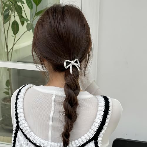 Bow Hair Ties for Women Gold Silver Metal Hair Tie for Girls Elegant Elastics Rubber Hair Scrunchies for Long Thick Bowknot Ponytail Holder Christmas Gifts Bow Hair Accessories 2Pcs