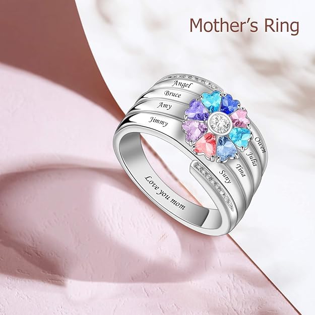 Custom Multi-Stone Family Ring 925 Sterling Silver/10K/14K/18K Gold Colored Personalized (2-8 stones) Birthstone Engraved Ring for Women Mom Wife Jewelry Gifts - style: Eight Stone