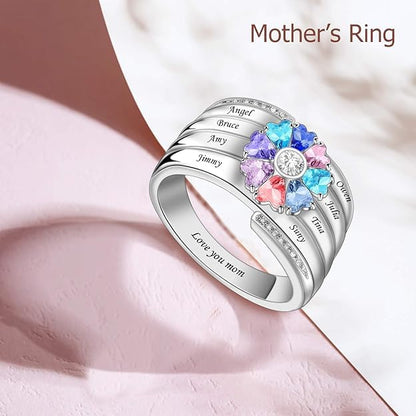 Custom Multi-Stone Family Ring 925 Sterling Silver/10K/14K/18K Gold Colored Personalized (2-8 stones) Birthstone Engraved Ring for Women Mom Wife Jewelry Gifts - style: Eight Stone