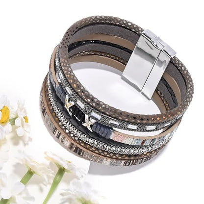 VIBILIA Boho Leather Wrap Bracelets for Women Multi-Layer Bracelets | With Strong Clasp Jewelry for Women - color: 02-XxMilletBead-Gray