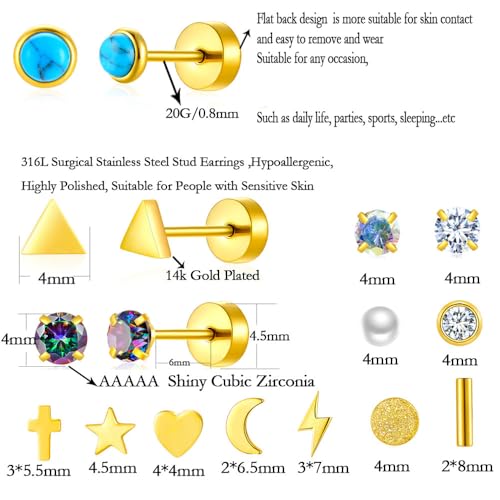 38Pcs Stainless Steel Earrings Set for Women Men 14K Gold Plated Small Flat Back Stud Earrings Hoop Earrings Women Men Hypoallergenic Cubic Zirconia Earrings Cartilage Earrings Rook Daith Tragues Lobe Conch Septum Piercing Jewelry - color: A:Gold