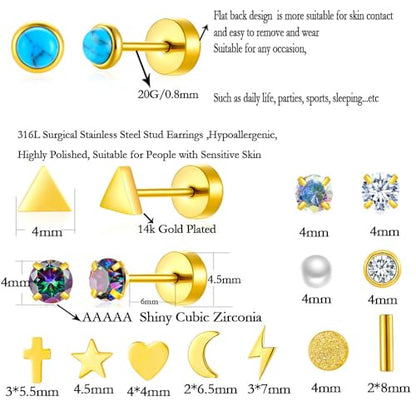 38Pcs Stainless Steel Earrings Set for Women Men 14K Gold Plated Small Flat Back Stud Earrings Hoop Earrings Women Men Hypoallergenic Cubic Zirconia Earrings Cartilage Earrings Rook Daith Tragues Lobe Conch Septum Piercing Jewelry - color: A:Gold