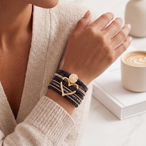 Edoneery Leather Wrap Bracelets for Women, Boho Layered Cuff Bangle | Multi-layer Leather Cuff, Daily wear, Stackable Bangle, Easy on-off, Western Jewelry Gifts for Women - color: Black-2