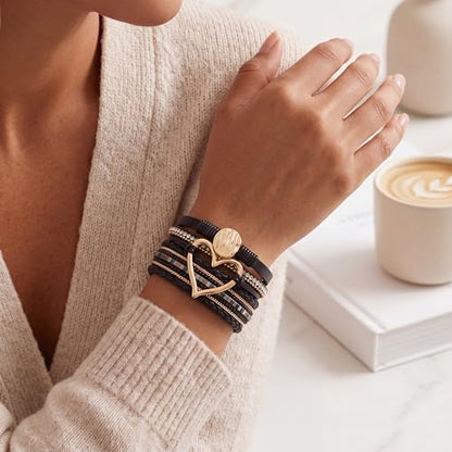 Edoneery Leather Wrap Bracelets for Women, Boho Layered Cuff Bangle | Multi-layer Leather Cuff, Daily wear, Stackable Bangle, Easy on-off, Western Jewelry Gifts for Women - color: Black-2