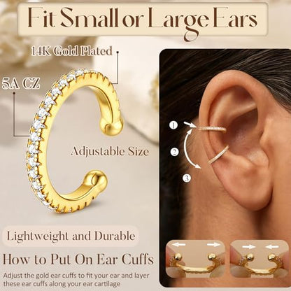 Florideco 4Pcs Ear Cuffs Non-Piercing for Women Dainty 14K Gold Plated Clip On Cartilage Earrings Hypoallergenic Huggie Hoop Cuffs Fake Earings for Non Pierced Ears - color: Classic-14K Gold Plated