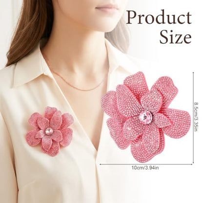 3.74 Inches Rhinestone Camellia Flower Brooch Pin Fashion Sparkly Crystal Floral Brooch Dainty Elegant Pink Flower Brooches for Women Wedding Party Banquet Dress Clothes Jewelry Accessories