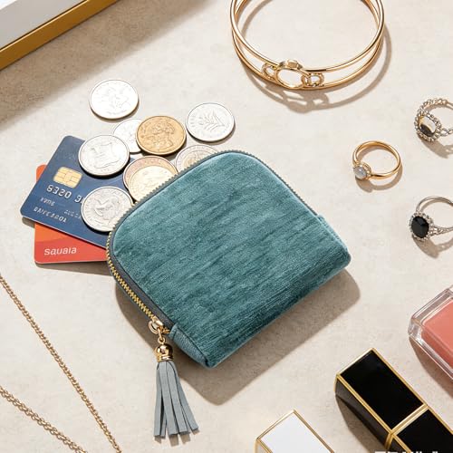 Women's Coin Purses Velvet Mini Travel Jewelry Case Bag with Tassel - color: A-Mint Green