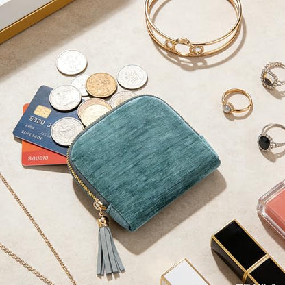 Women's Coin Purses Velvet Mini Travel Jewelry Case Bag with Tassel - color: A-Mint Green