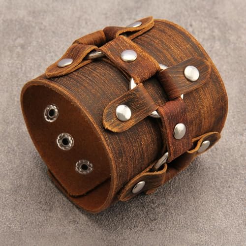 JAOYU Punk Leather Cuff Bracelet Goth Leather Wristband Rock Bracelet Biker Bracelet for Men Leather Armband Black Handmade Jewelry - color: Leather Cuff Bracelet Brown