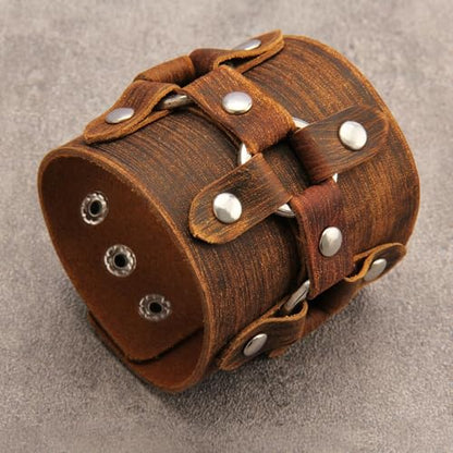 JAOYU Punk Leather Cuff Bracelet Goth Leather Wristband Rock Bracelet Biker Bracelet for Men Leather Armband Black Handmade Jewelry - color: Leather Cuff Bracelet Brown