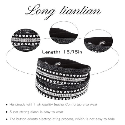 Long tiantian Leather Wrap Bracelets for Women Boho Multi Layered Bracelets Western Jewelry Hot Pink Accessories Birthday Gifts - color: black