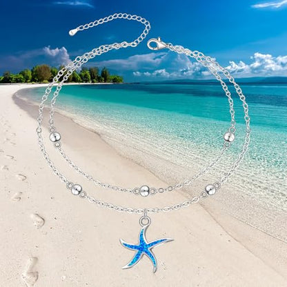 Sterling Silver Anklets for Women Sea Turtle Starfish Anklet Bracelet Ocean Beach Jewelry Opal Summer Foot Mothers Day Gift - style: Anklet-Starfish-A002