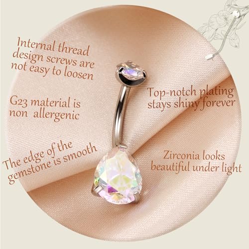 AROWRO Gold Belly Button Ring G23 Titanium Hypoallergenic 14G belly ring for Women Men Teardrop Navel Piercing Jewelry 10mm Barbell With Cubic Zircon - color: Silver+Teardrop AB CZ
