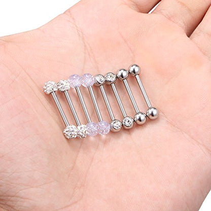 14G 9/16Inch Crystal Ball Nipple Tongue Shield Ring Barbell Body Piercing Jewelry Retainer 8-14PCS - color: 8PCS - Silver