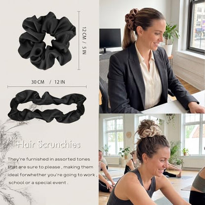4 PCS Large Satin Silk Scrunchies for Women Big Hair Scrunchies Thick Hair | Black Navy Brown Champagne / Stretched 10" Length / No Damage / Gift Box /Diameter: 5 inches / All Hairstyles - color: Black Navy-Blue Brown Champagne, size: 1 Count (Pack of 4)