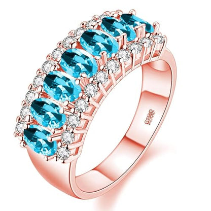 Uloveido Beautiful Women's 7 Stones Wedding Band Oval Cubic Zirconia Engagement Anniversary Rings J501 - color: Rose Gold-Light Blue