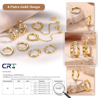 4 Pairs Small Hoop Earrings for Women 14K Gold Plated | Trendy Chain Drop Earrings Set, Hypoallergenic CZ Huggie Hoops, Lightweight Cartilage Earring Stacks - color: 14K Gold Plated-double hoop