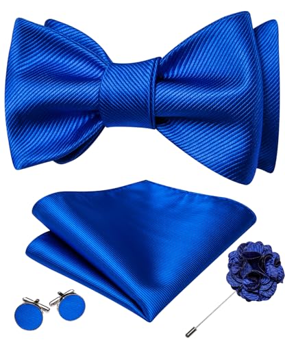 YOHOWA Bow Ties for Men Self-tied Silk Bowtie Solid Color with Lapel Pin and Handkerchief Cufflinks for Wedding Party Prom - color: Soild Deep Blue