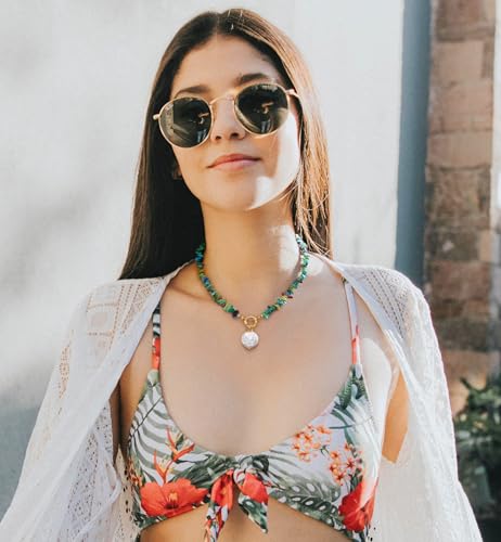 Aobei Pearl 18K Gold Plated Pendant Necklace for Women Dainty Gold Chain Choker Love Heart Disc Coin Pearl Cross Toggle Jewelry - style: Colorful Turquoise Coin Pearl