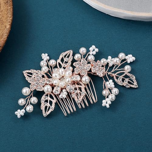 Flower Leaf Design Wedding Hair Comb, Metal Bridal Hair Accessory with Rhinestone, Wedding Prom Hair Clip Headpiece for Women (Gold Flower CZ) - color: Gold Flower CZ