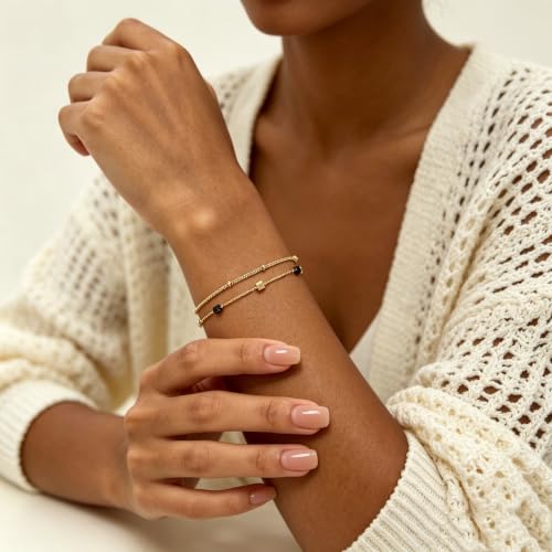 Gold Bracelets for Women Dainty 14K Gold Plated Layered Chain Bracelets Turquoise Green Aventurine Crystal Beaded Bracelets for Women - color: Black & Gold