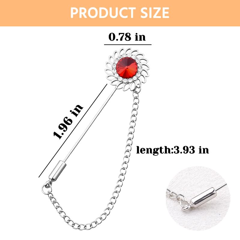 Mens Sunflower Lapel Pin Crystal Rhinestone Brooches for Men Hanging Chain Brooch Suit Pin Flower Lapel Pins for Men Wedding Business Party - color: Red-J