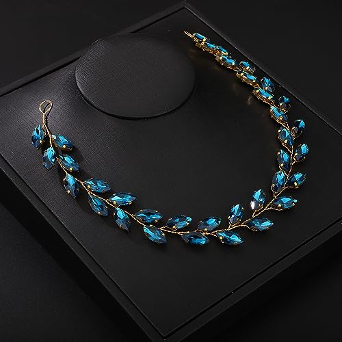 Teyglen Bride Wedding Crystal Hair Vine Full Blue Crystal Headband Bridal Hair Accessories Wedding Headpiece Handmade Rhinestone Hair Piece Headband for Women Girls (Peacock Blue) - color: Peacock Blue