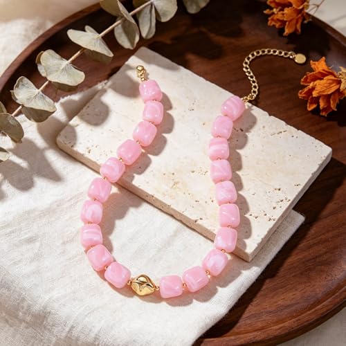 Beaded Necklaces for Women Boho Chunky Necklace Statement Big Resin Bead Choker Fashion Summer Beach Jewelry - color: Pink