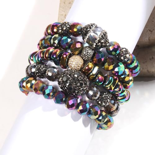 Yomisa 5PCS 6PCS Natural Boho Beaded Bracelets/Bangle for Women Men,Healing Turquoise Jasper Agate Crystal Gemstone Stone Chakra Multilayer Wrap Bohemian Handmade Jewelry Beads Stretch Bracelet Set - color: 5PCS-hematite