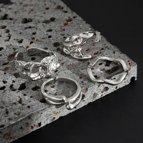 4Pcs Irregular Wavy Open Rings Minimalist Gold Silver Tone Jewelry for Men - color: A Silver