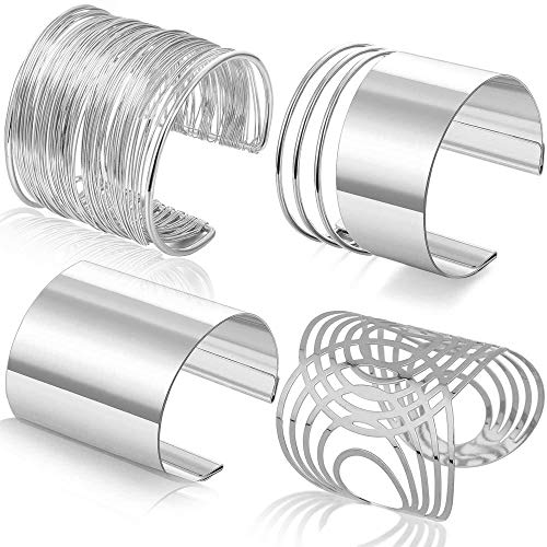 RIOSO 4 Pcs Cuff Bangle Bracelet for Women Open Wide Wire Bracelets Wrist Cuff Wrap Bracelet - color: Silver