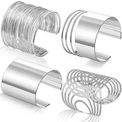 RIOSO 4 Pcs Cuff Bangle Bracelet for Women Open Wide Wire Bracelets Wrist Cuff Wrap Bracelet - color: Silver