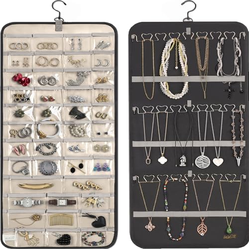 Hanging Jewelry Organizer Storage with Hanger Metal Hooks Double-Sided Jewelry Holder- Wall Mount Holder for Earrings, Necklaces, Rings on Closet, Wall, Door, 1 piece, Large, Charcoal Black - style: Modern - Charcoal Black
